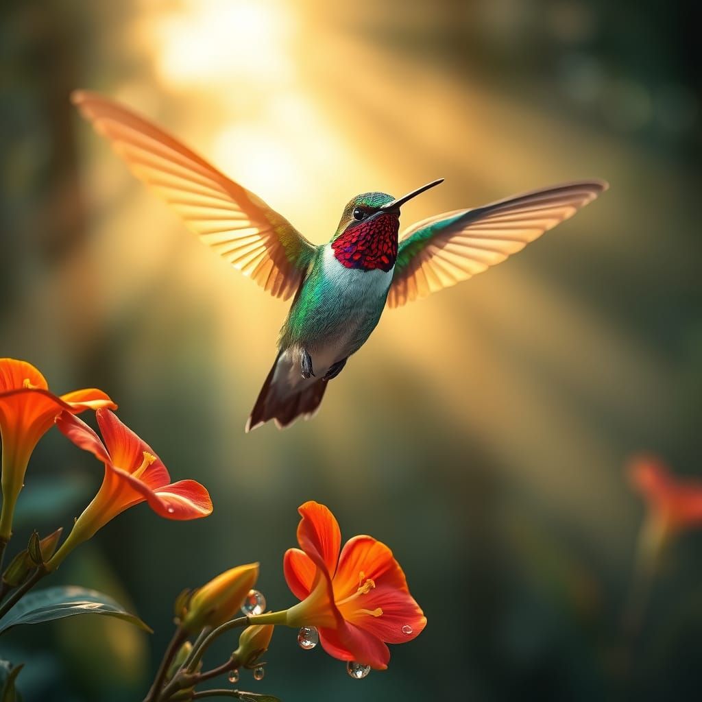 Ruby-Throated Hummingbird in Mystical Forest, Photorealistic