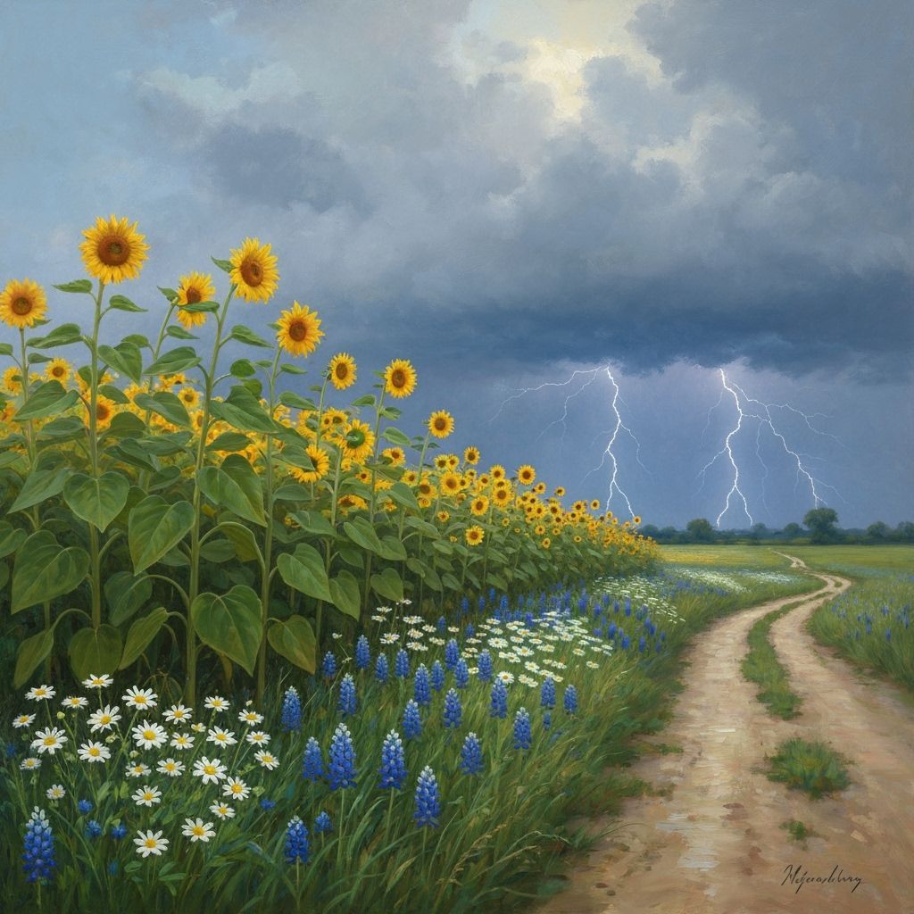 Sunflowers and Daisies in Summer Rain, Impressionistic Style