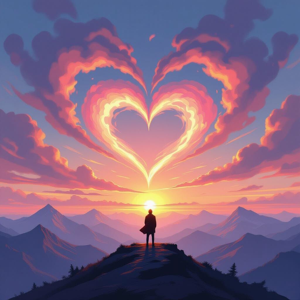 Sunrise Over Mountains With Heart-Shaped Clouds