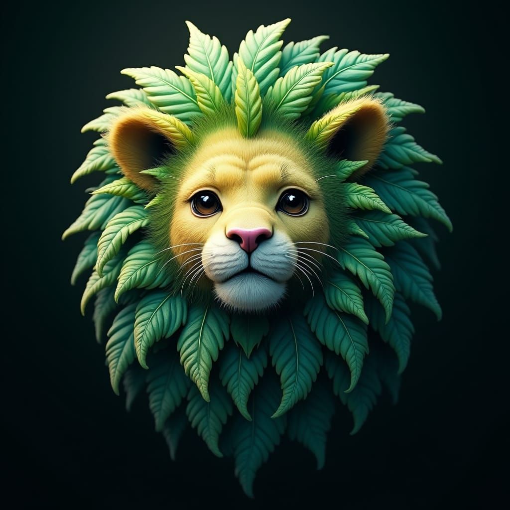 Emerald Lion Head with Leaves, Digital Rendering