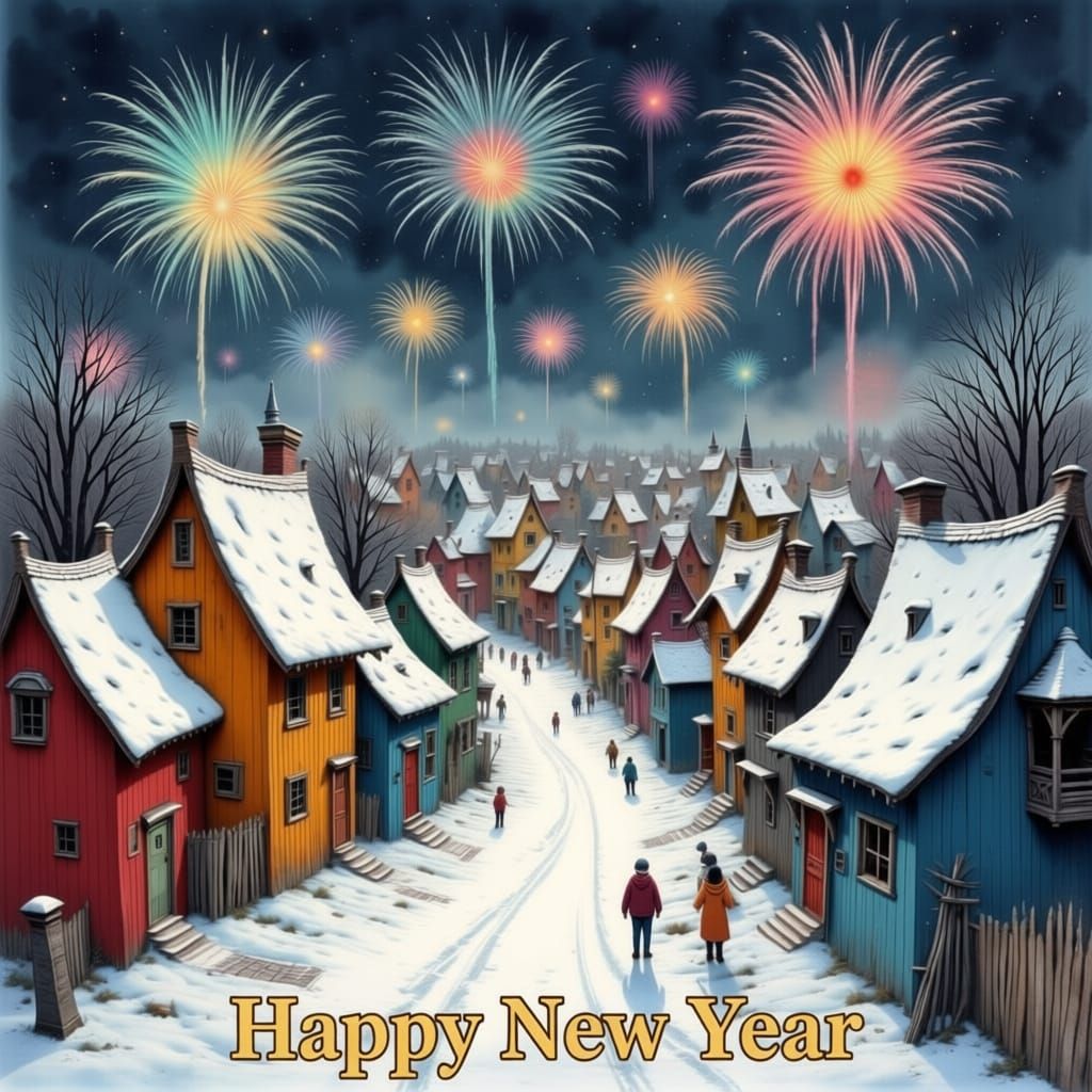 New Year Celebration With Snowy Town And Fireworks