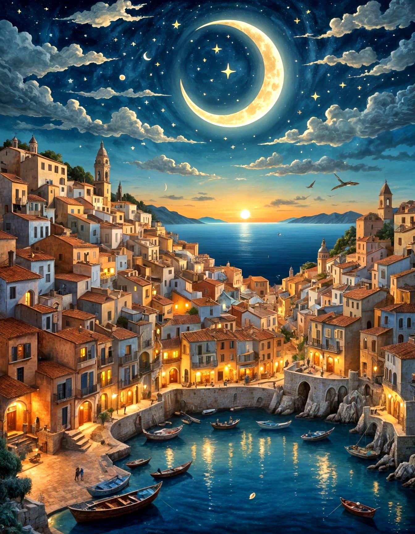 Mediterranean Fishing Town Under Crescent Moon