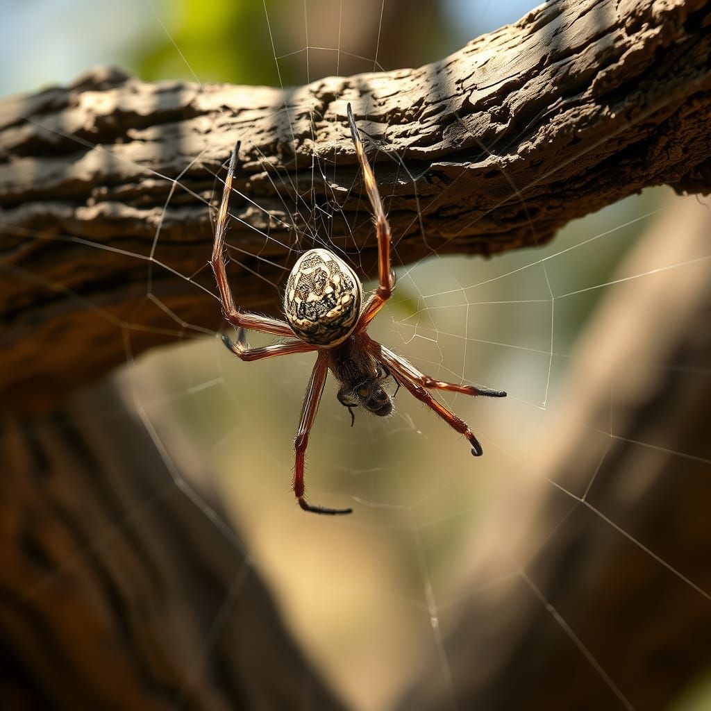 Spider Wraps Fly in Web on Ancient Tree Trunk