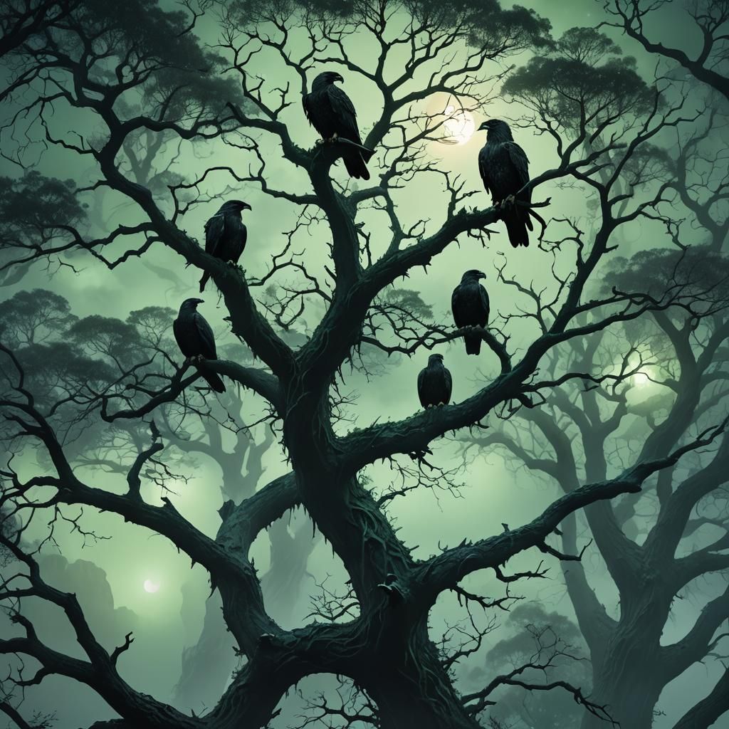 Dark Fantasy Hawks in Misty Moonlight