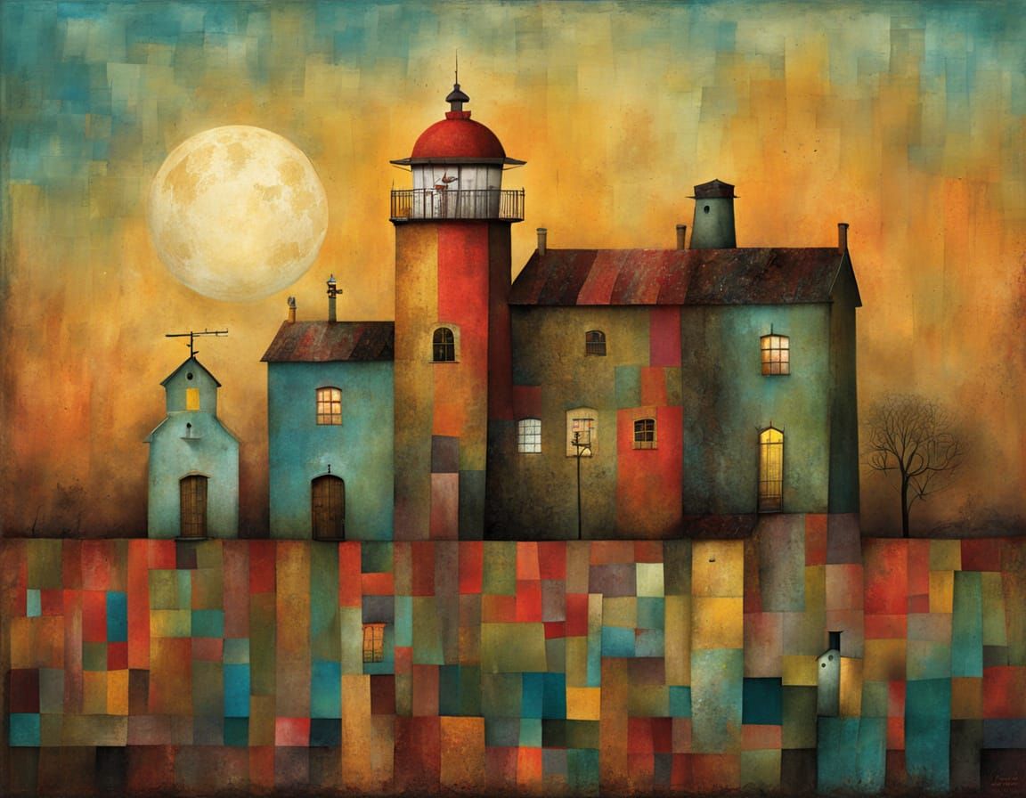 Luminous Coastal Tower in Vibrant Expressionist Style