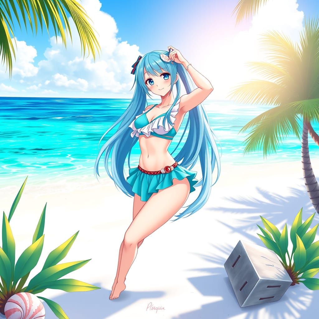 Vibrant Tropical Beach Goddess in Teal and White Swimsuit