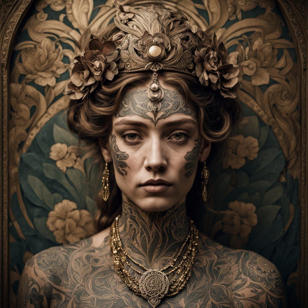 Elegant Art Nouveau Goddess with Intricate Tribal Tattoos