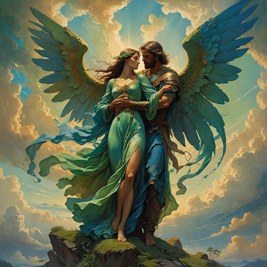 Earthy Man Embracing Winged Woman in Fantasy Art