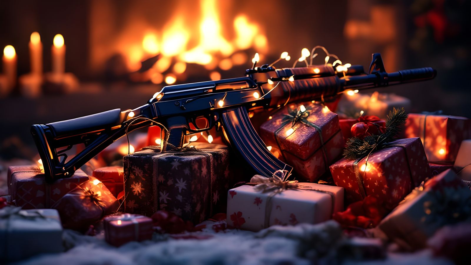AK-47 with Christmas Lights & Presents by Fireplace