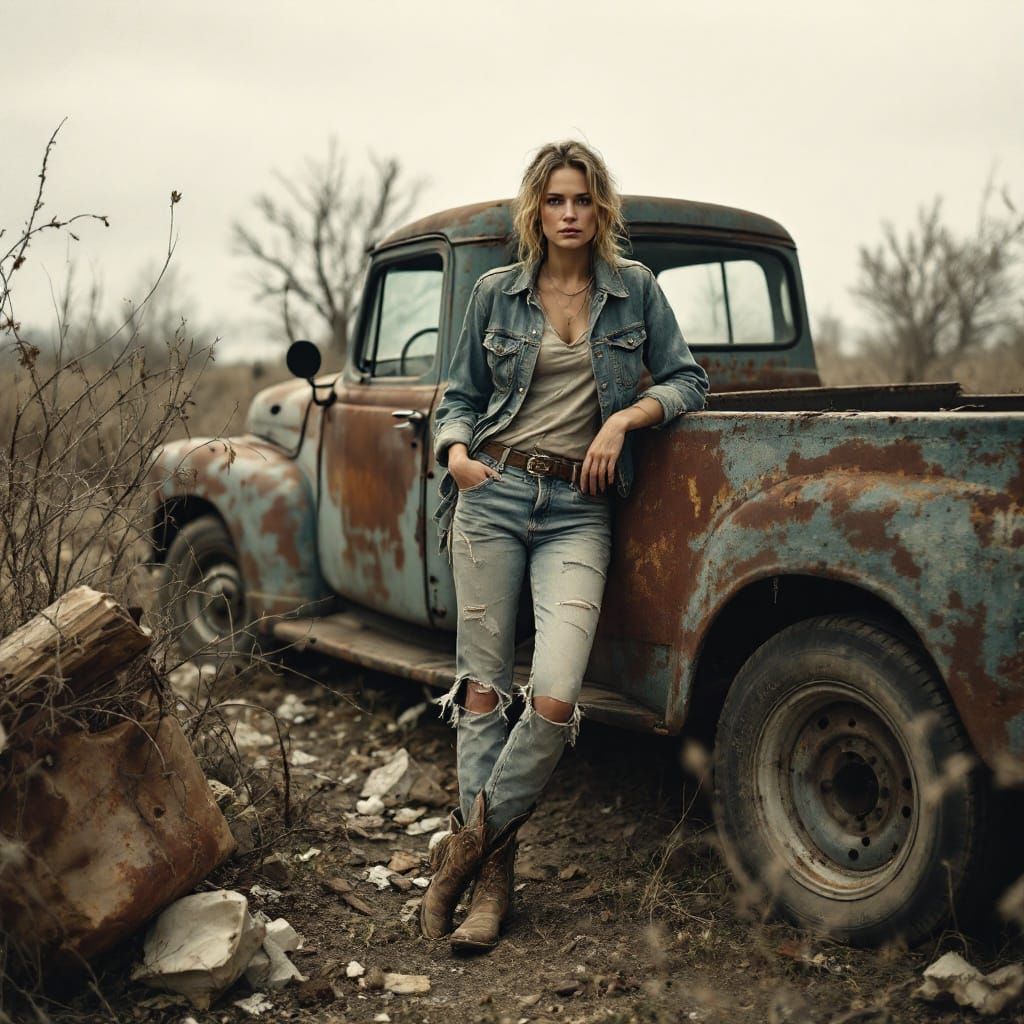 Weathered Woman in Rural Landscape