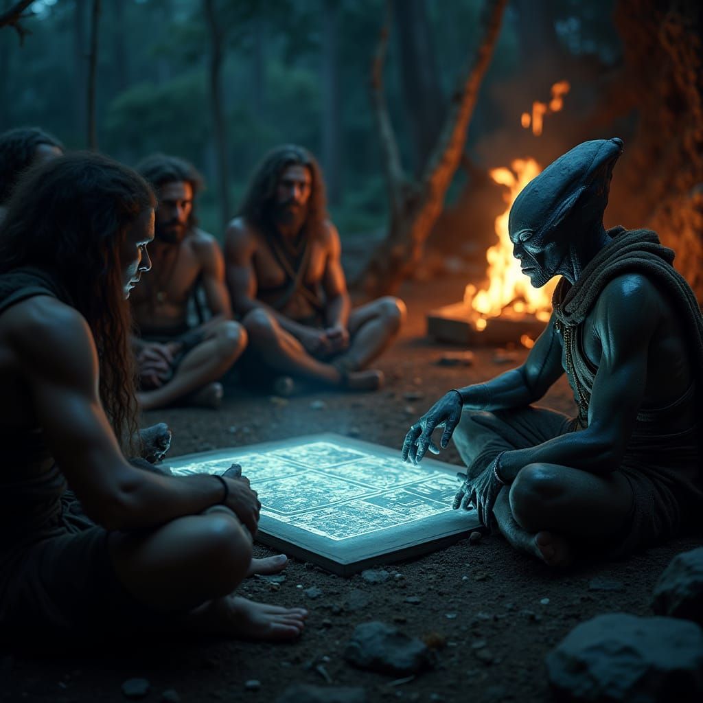 Neanderthals Meet Alien: Cinematic Night Scene