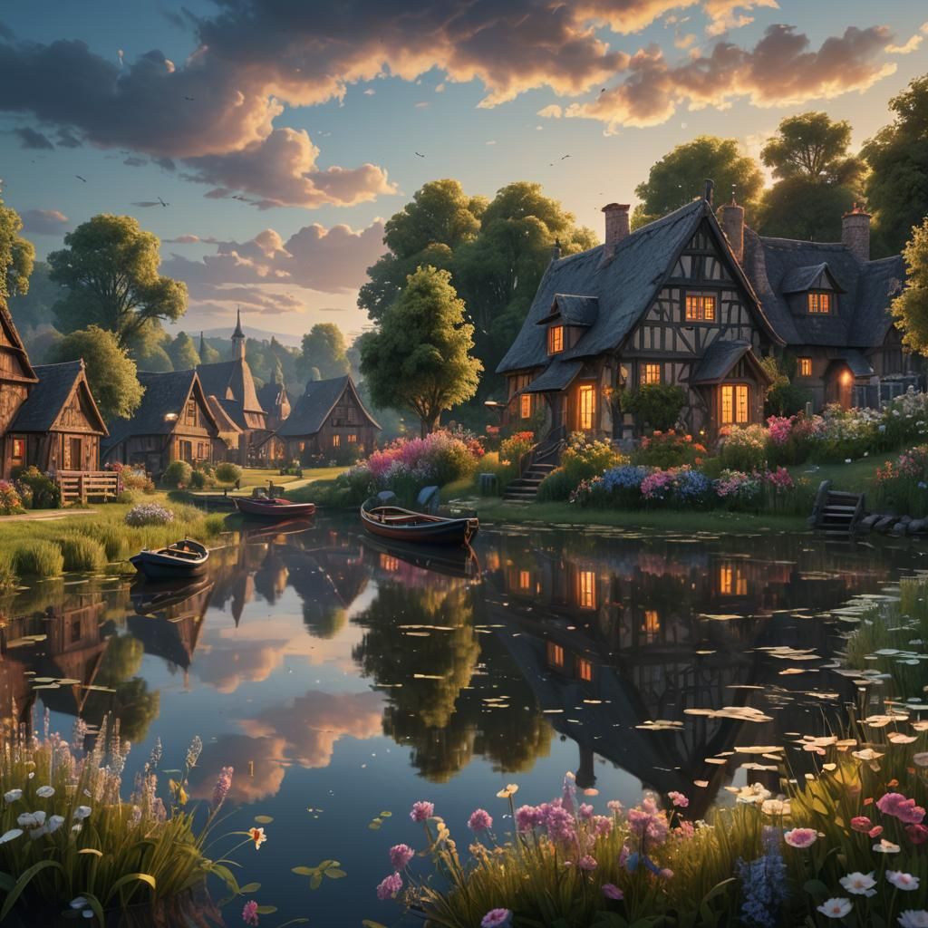 Serene Riverside Village at Sunset: Fantasy Concept Art
