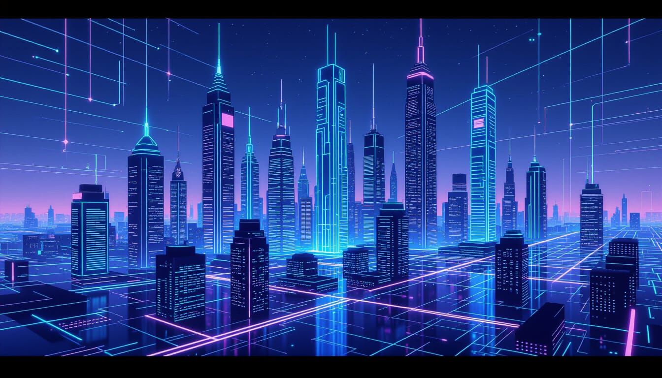 Neon Cityscape with Algorithmic Light Paths