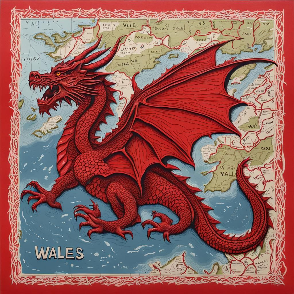 Linocut of a red dragon over a map of Wales