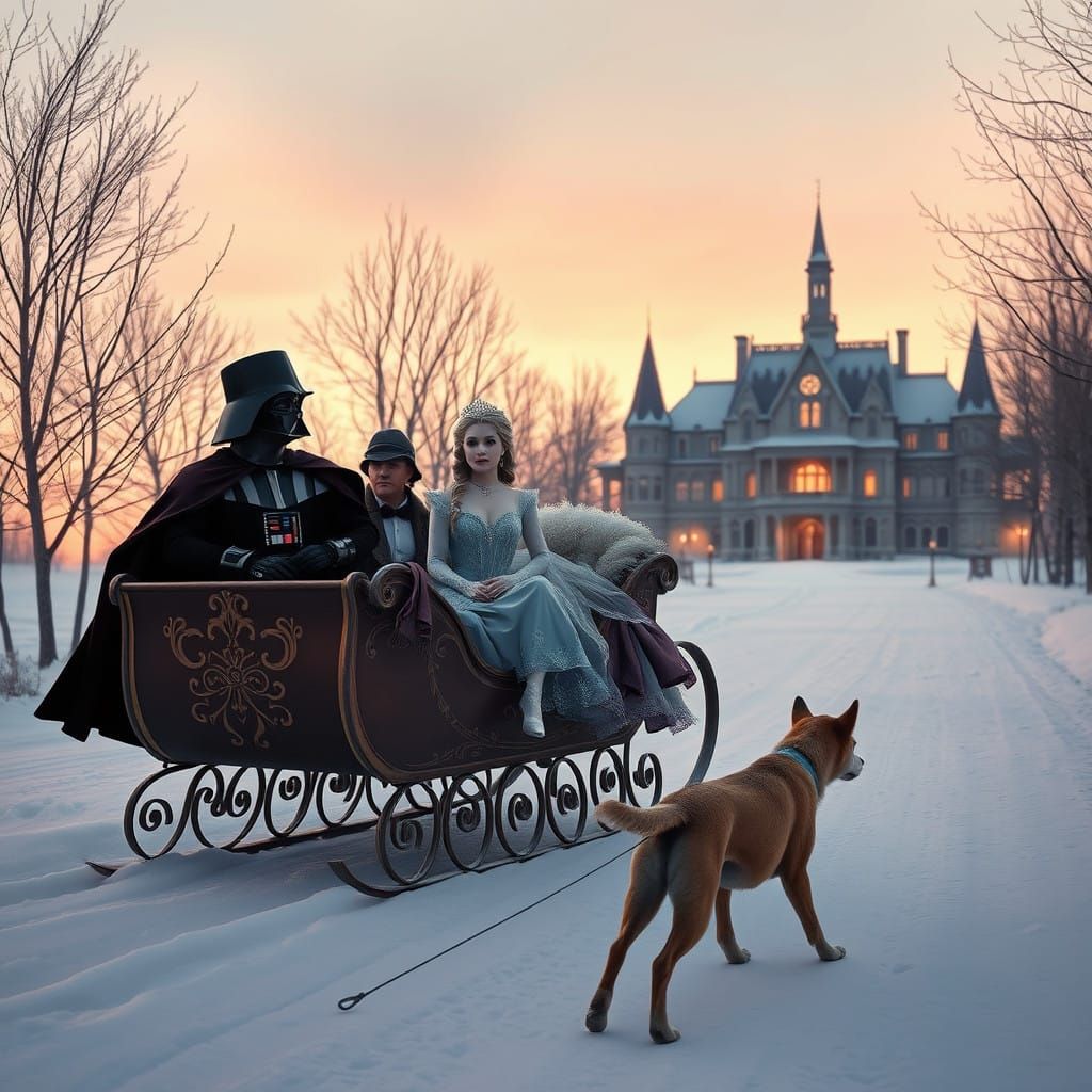 Elegant Winter Scene in 19th-Century Style with Unlikely Gue...