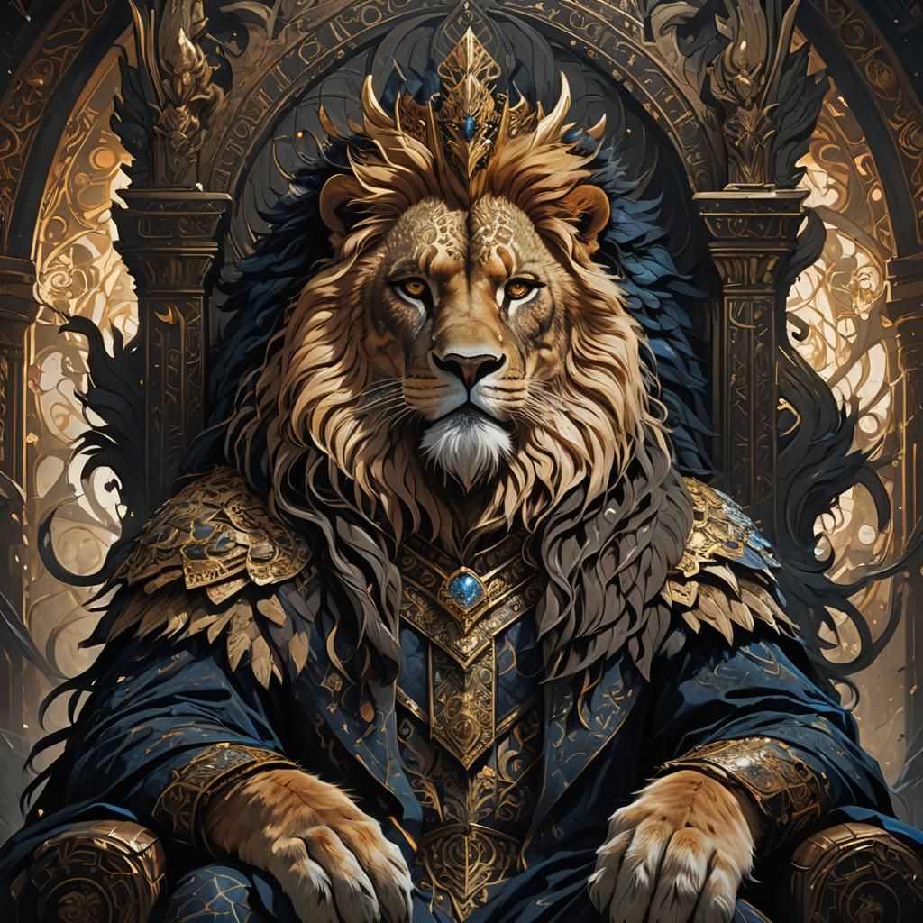 Regal Lion Portrait in Mystical Chamber, Digital Art