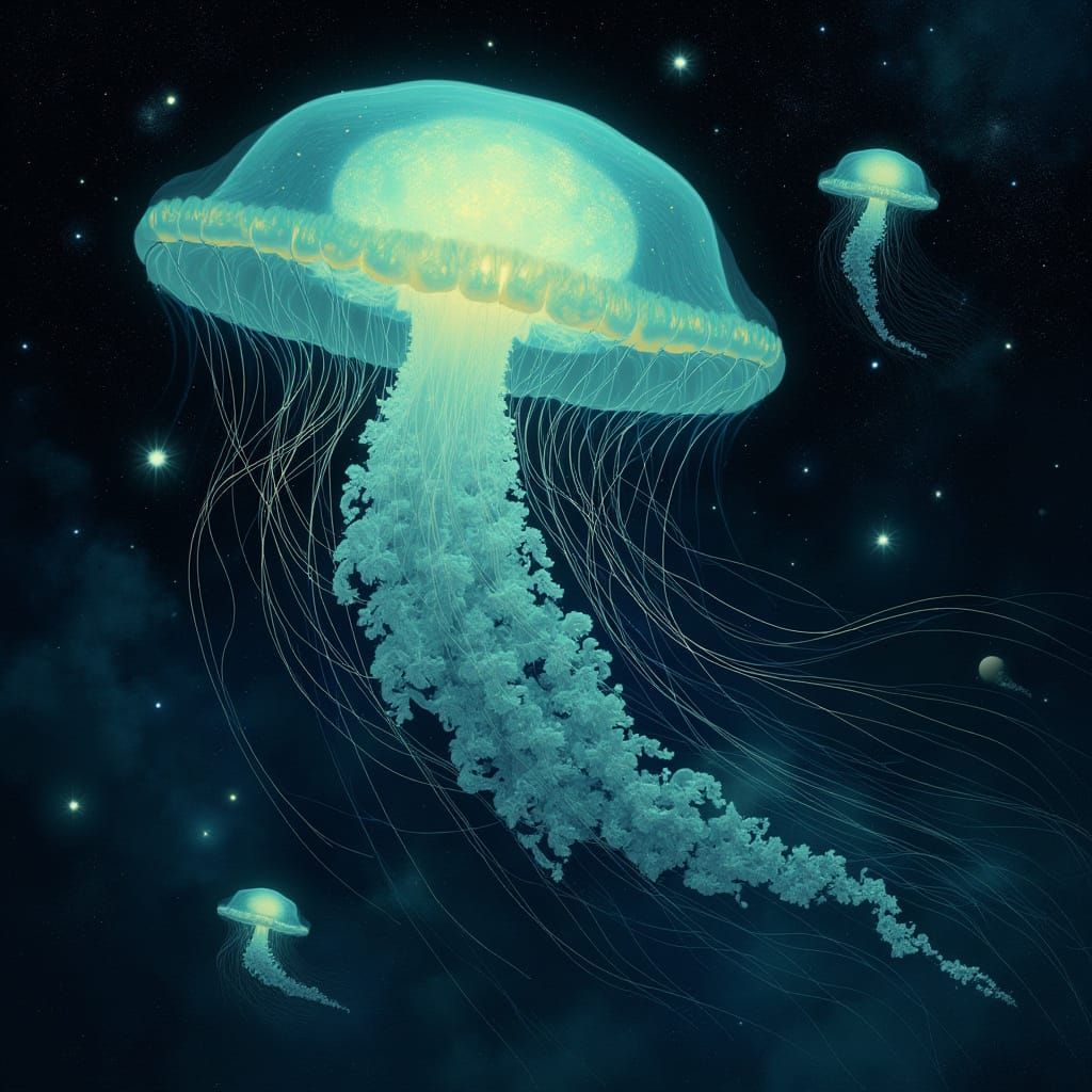 Bioluminescent Jellyfish Drifting Through Space in Art Nouve...