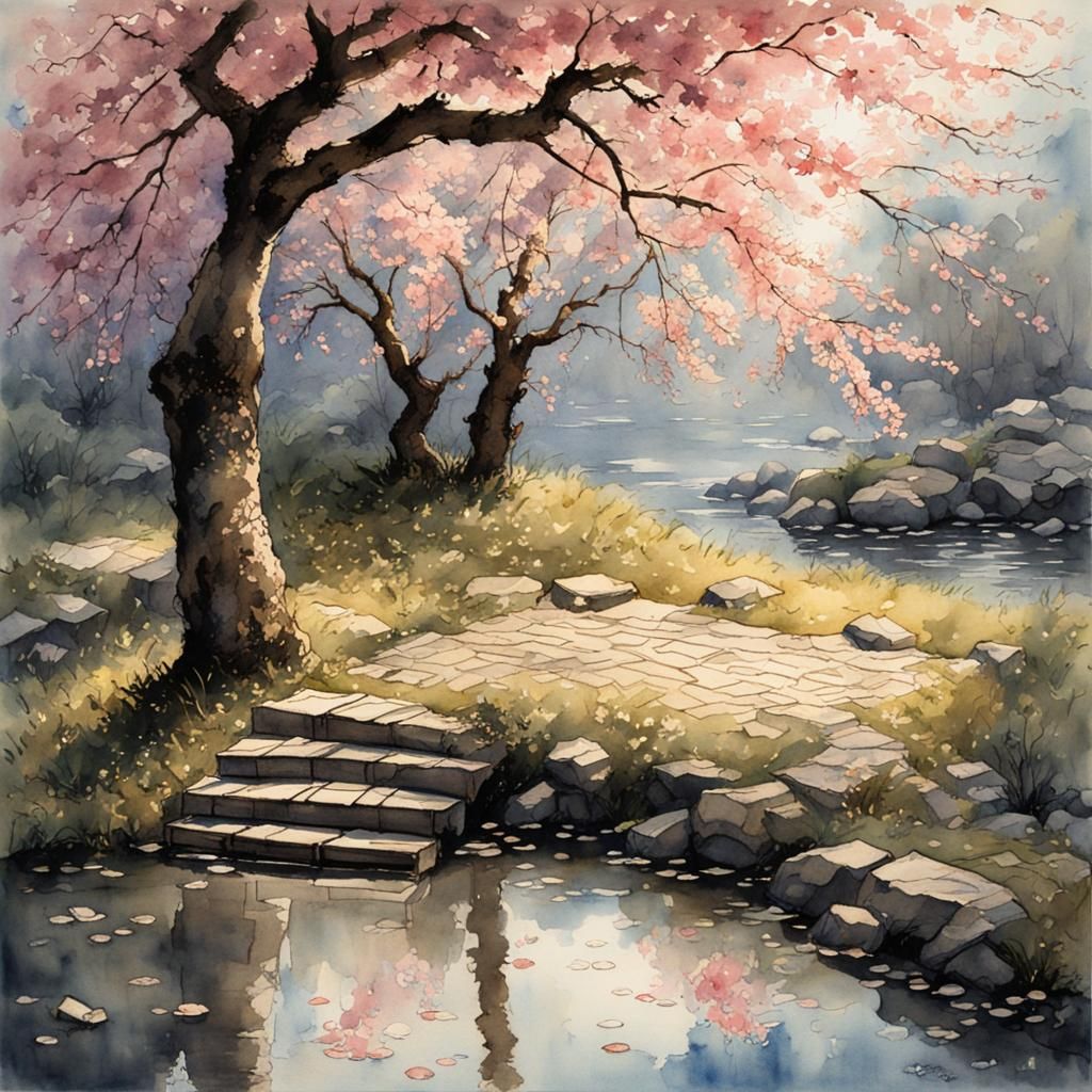 Watercolor Cherry Blossom Parasol in Elegant Style
