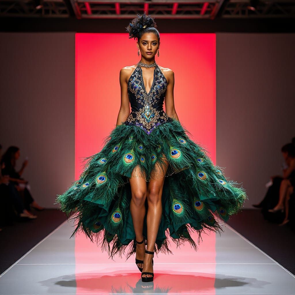 Glamorous Latina Model Struts Down Catwalk in Iridescent Pea...
