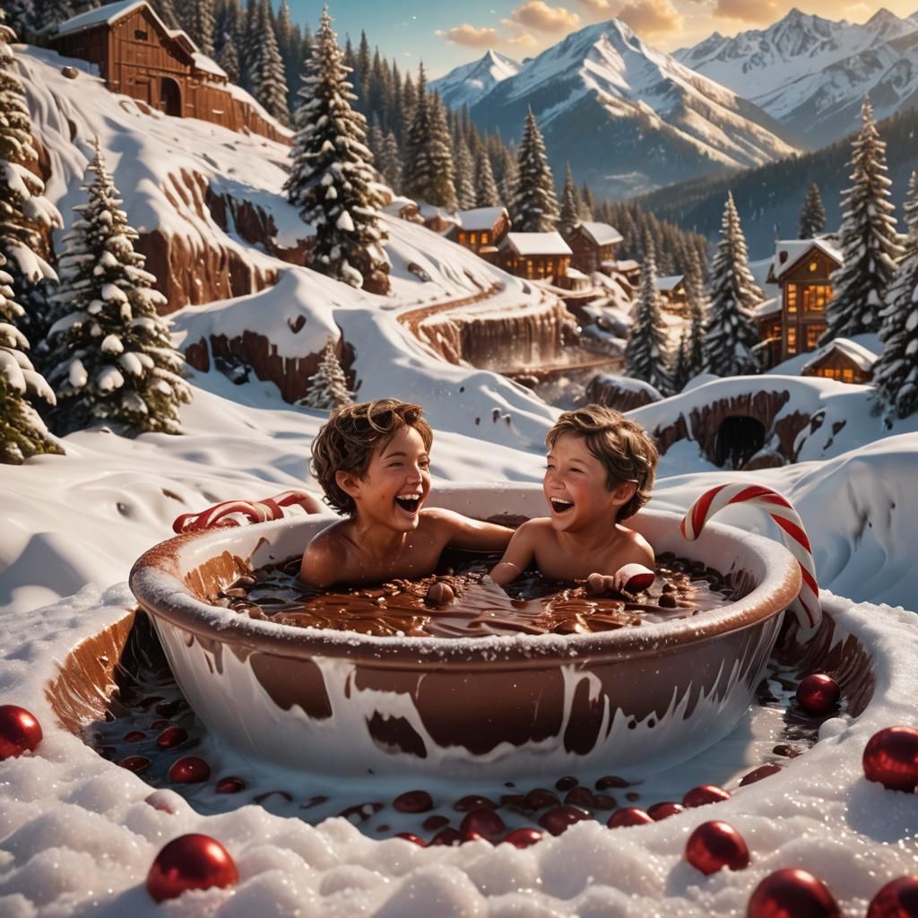 Kids Slide Down Snowy Mountain in Chocolate Tub