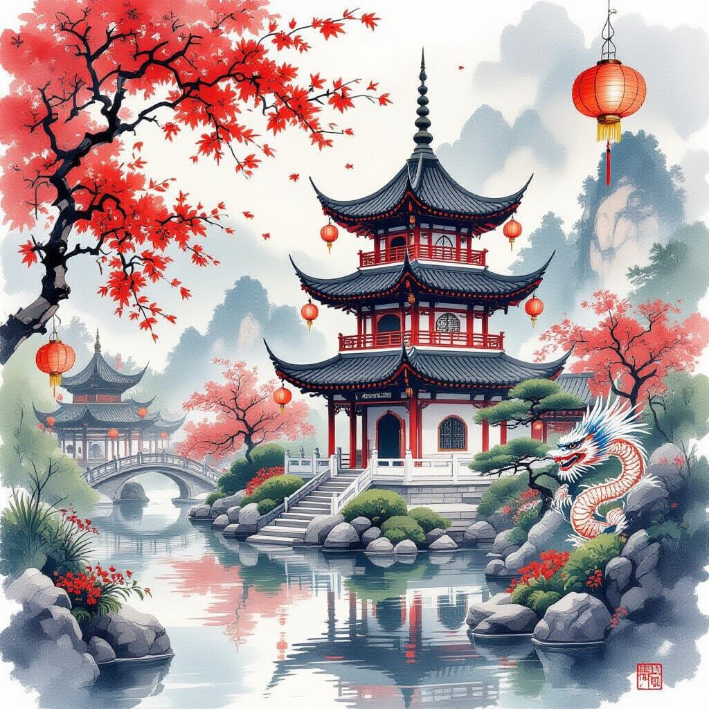 Dreamy Chinese Pagoda in Watercolor Style