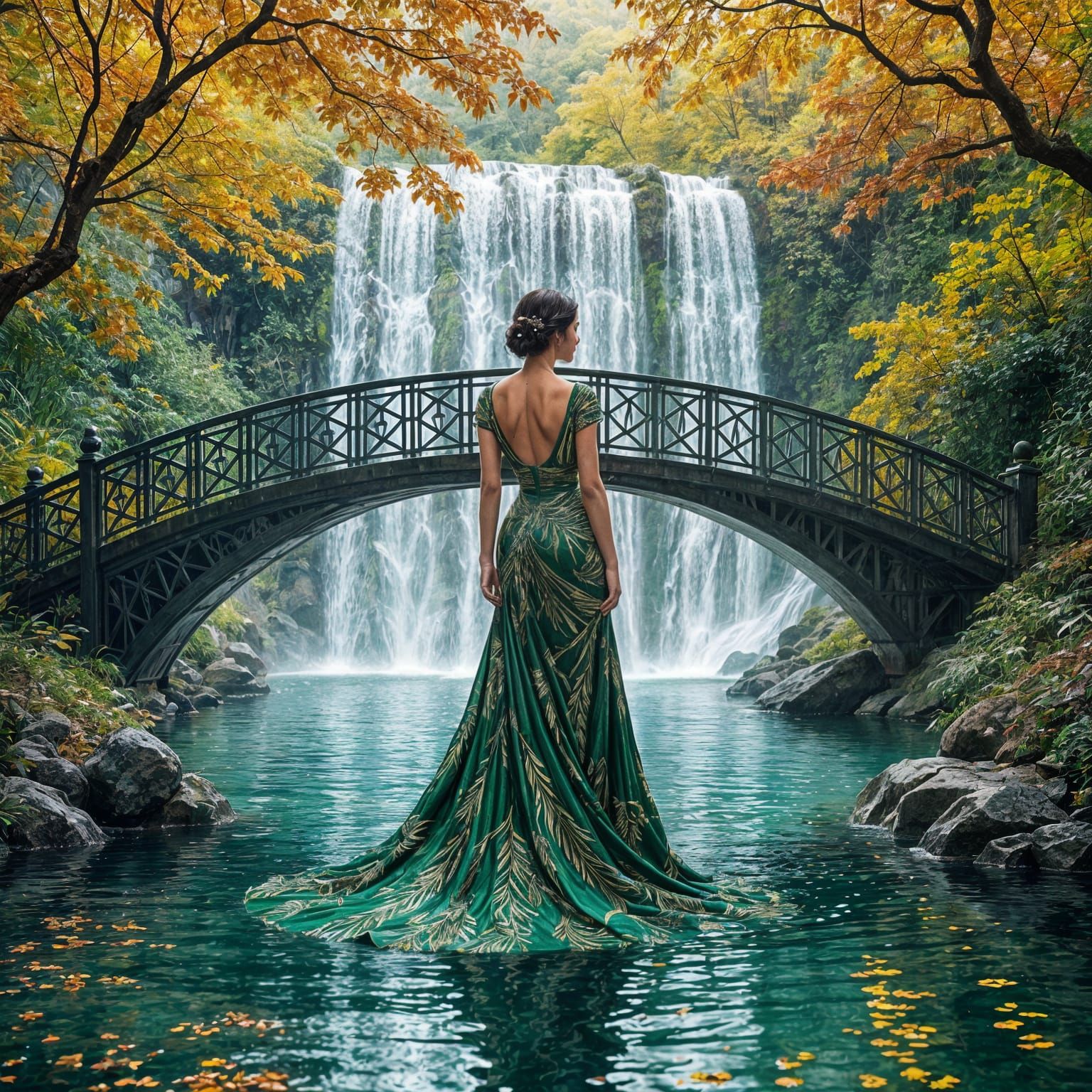 Art Deco Gown Woman Behind Autumn Waterfall