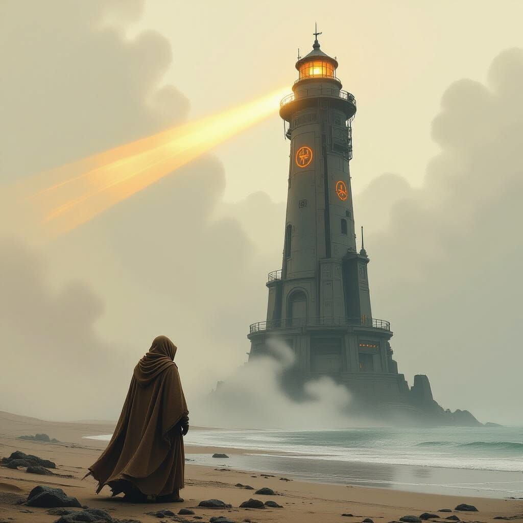 Biomechanical Lighthouse on Alien Shore in Industrial Style