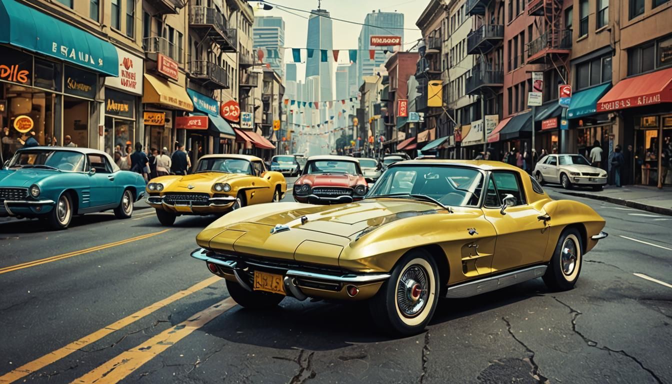 1960's "corvette stingray" driving on the streets of San Francisco pop art Kodak Ektar cyberpunk comic art mysterious Sc...
