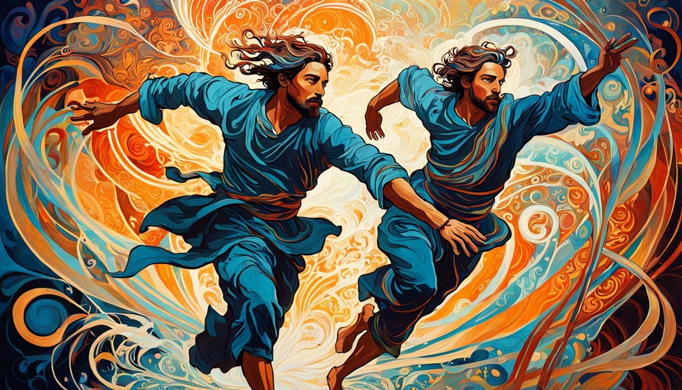 Man Runs Towards Freedom in Metaphysical Art Nouveau Style