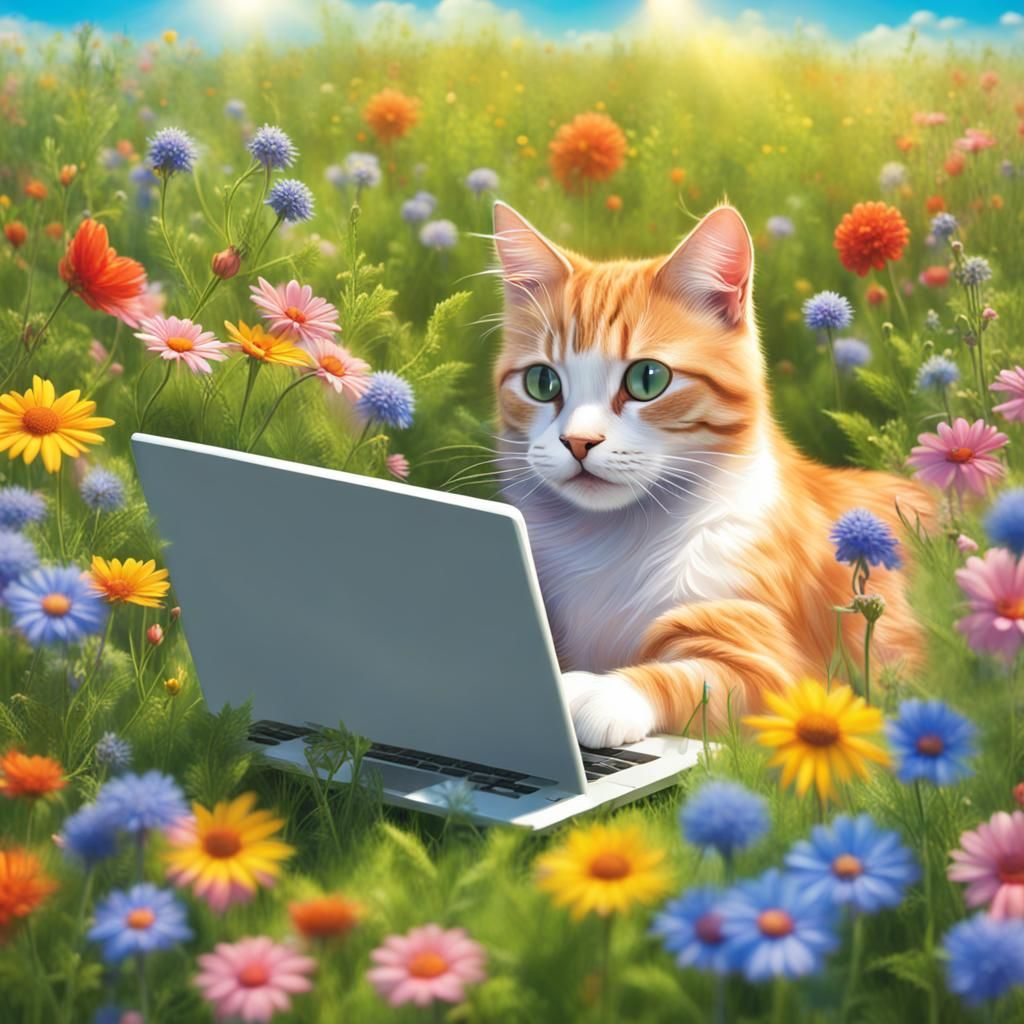 Happy Cat Working on Macbook in Meadow