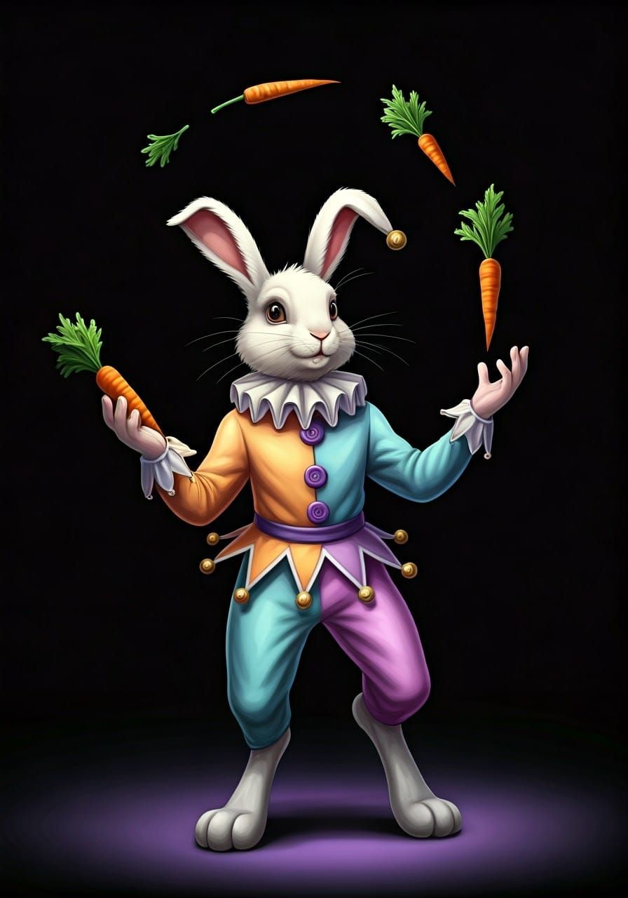 Vibrant Harlequin Rabbit Juggler in Pastel Colors