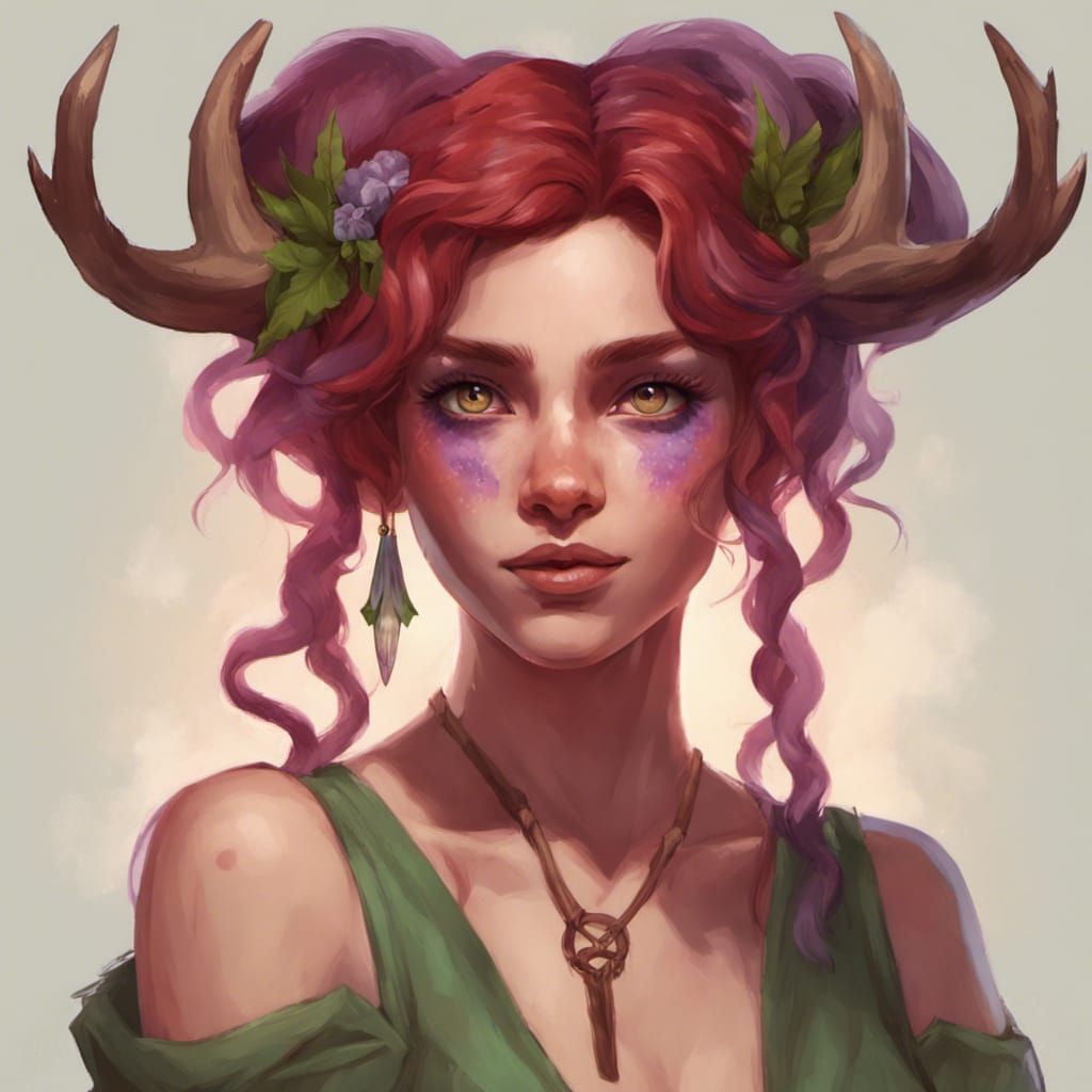 Satyr Girl Portrait with Red Hair and Horns