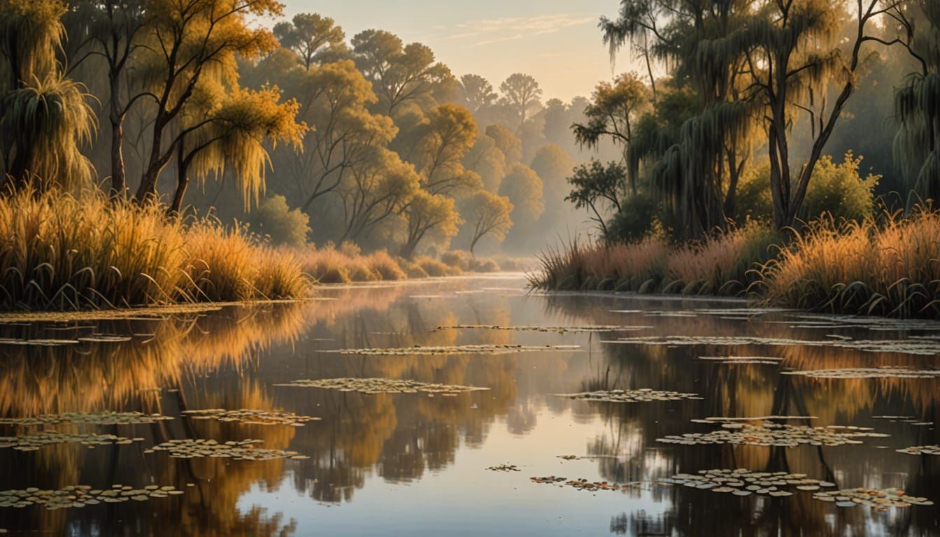 Impressionist Autumn River Scene at Dawn