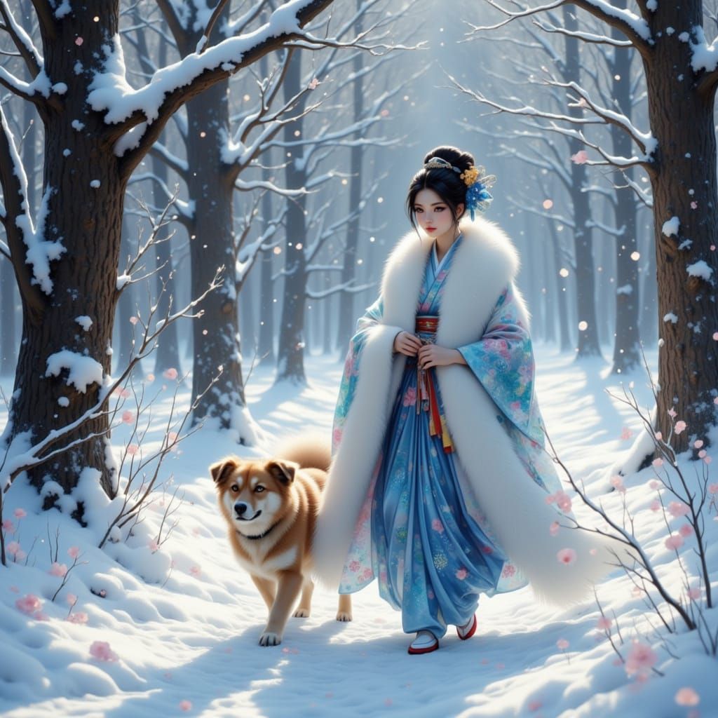 Geisha in Winter Forest with Fur Kimono and Dog in Anime Sty...