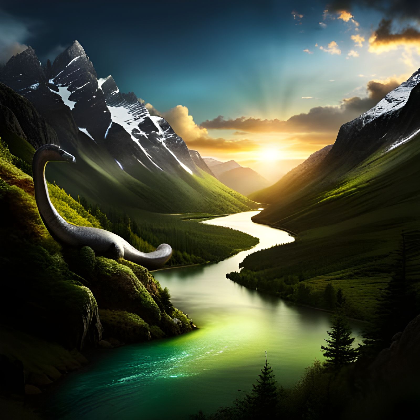 Loch Ness Monster in Scottish Valley: Hyperdetailed CGI