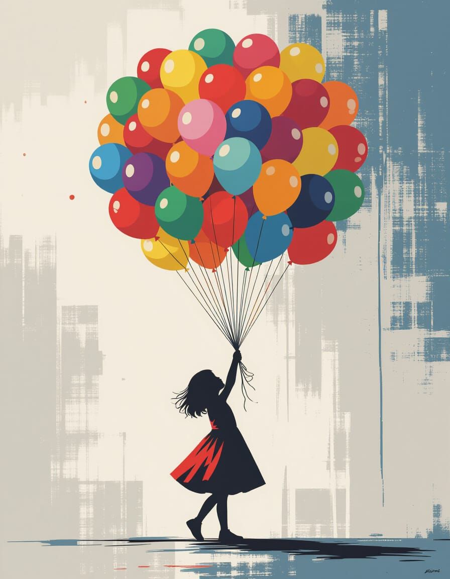 Girl with Balloons in Street Art Style