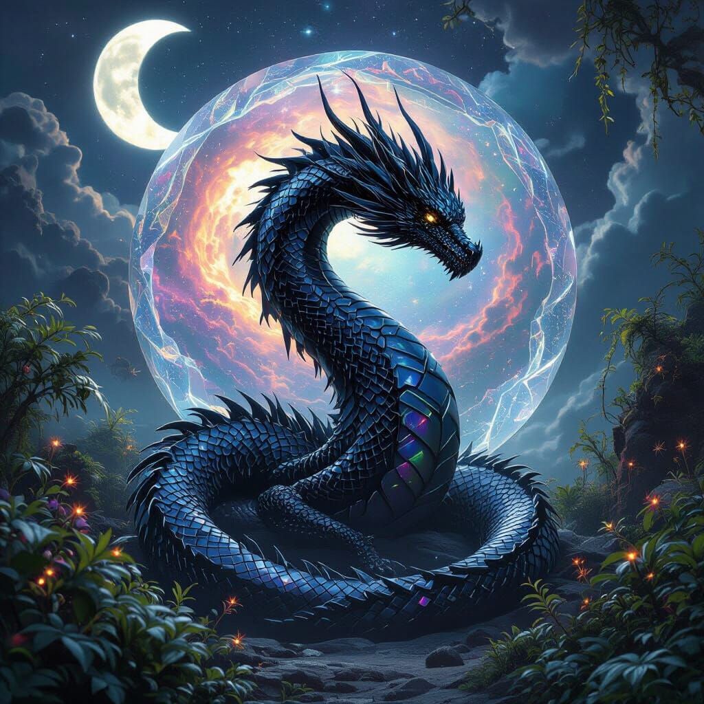 Obsidian Dragon Coiled Around Cosmic Portal