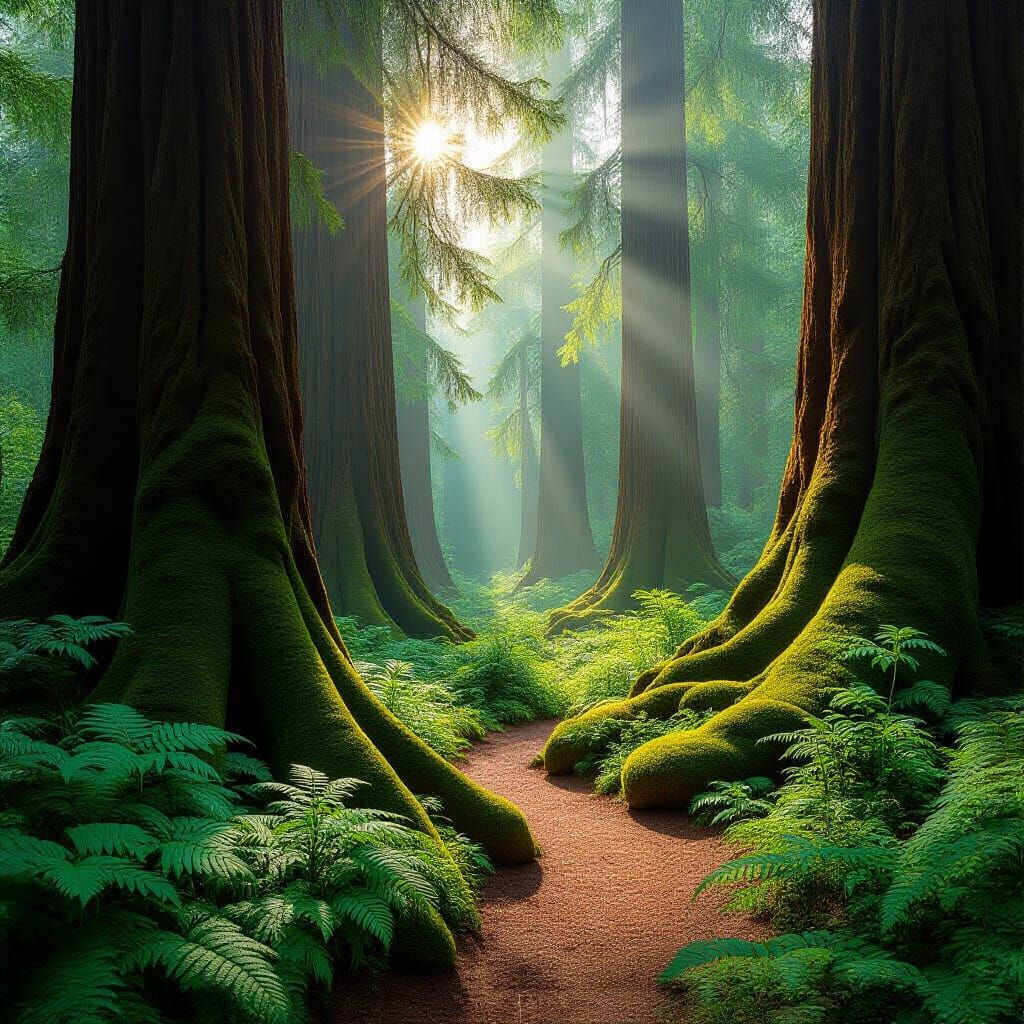 Sun-Dappled Forest Path in Hyperrealistic Style