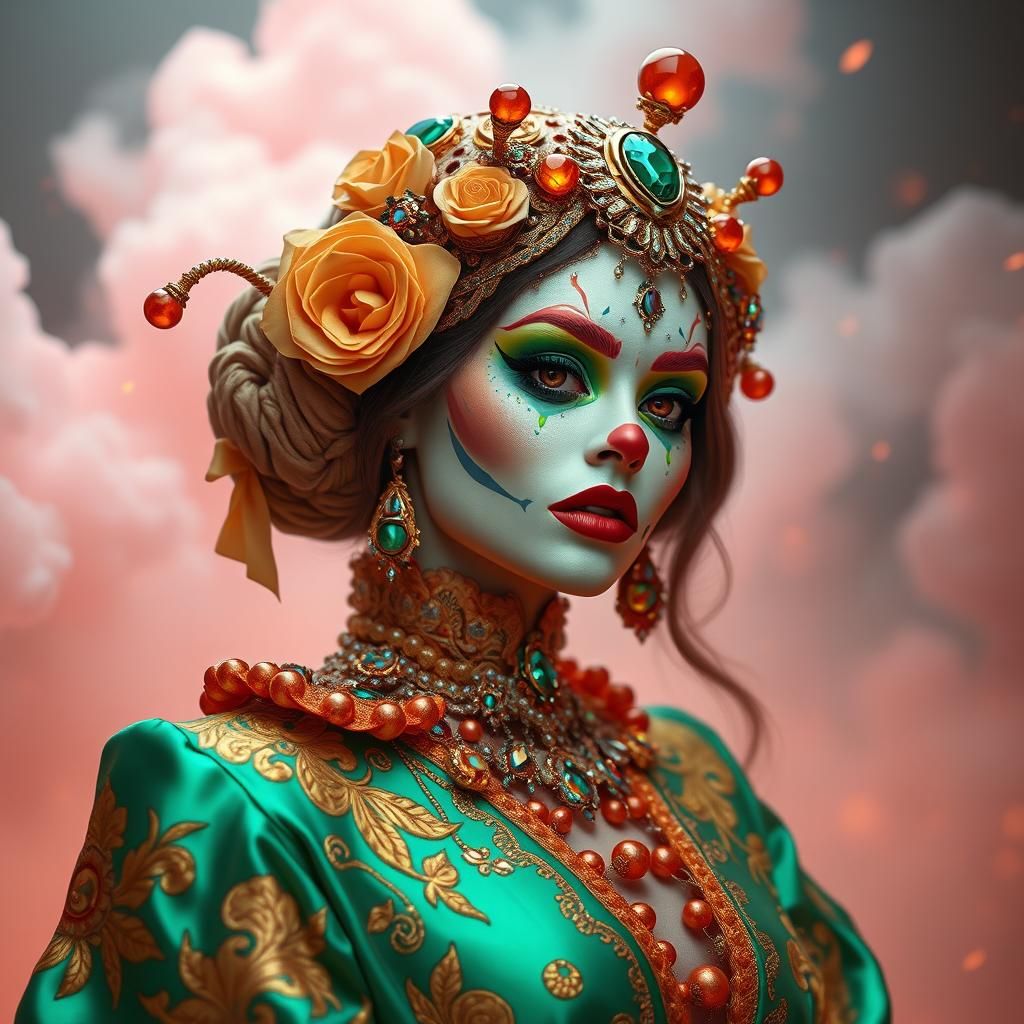 Woman in Emerald Garments with Clown Makeup