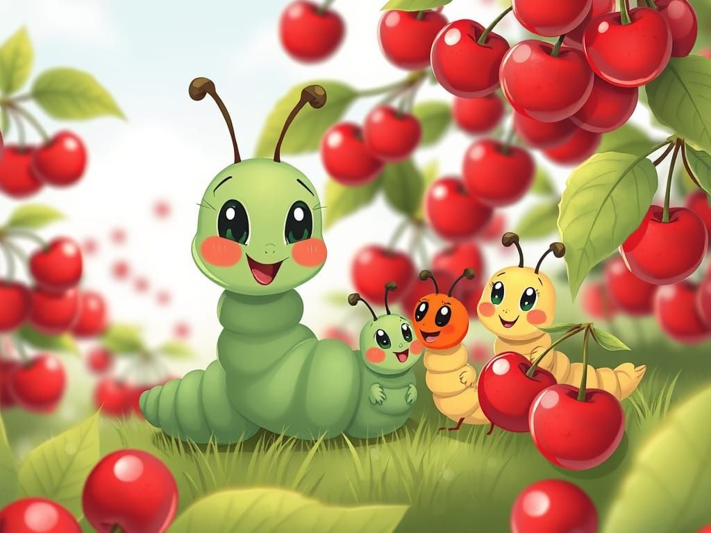 Cartoon Caterpillar Family in Cherry Field