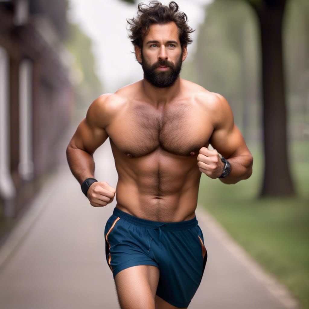 Handsome Man Jogging Shirtless Revealing Hairy Chest