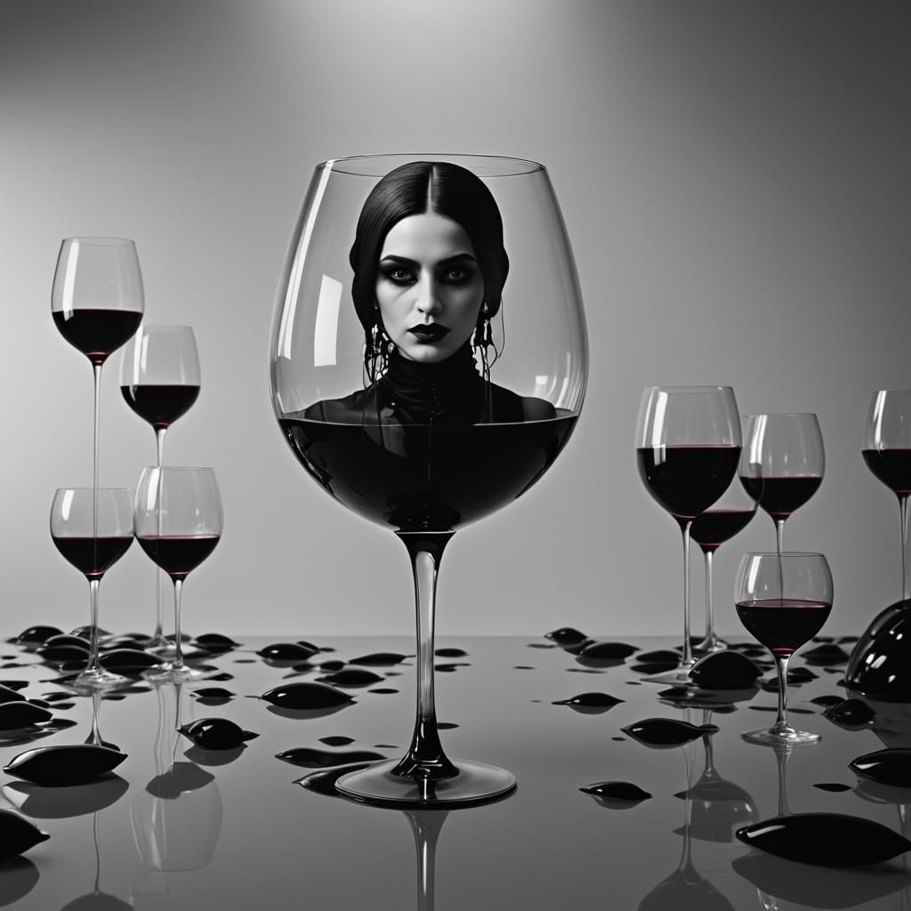 Goth Woman Swimming in Wine Glass with Rayograph Objects