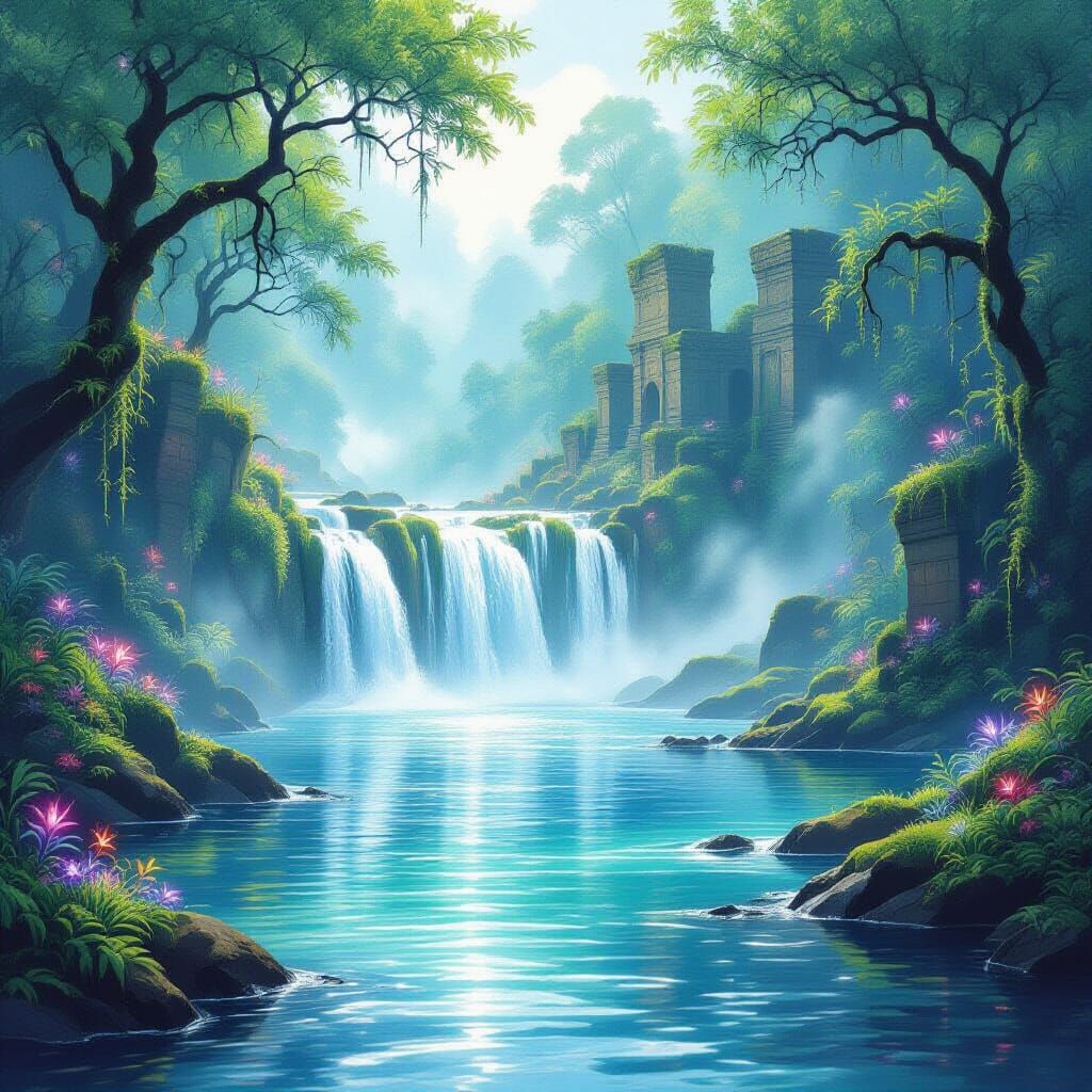 Enchanted Waterfall and Lake in Watercolor Style