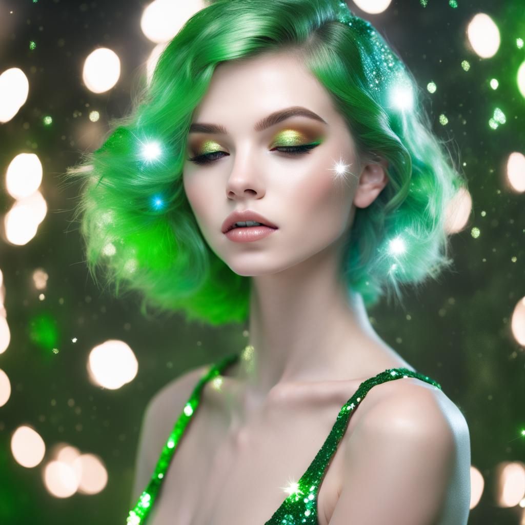 Glittercore Beauty in Green: Angelcore Frostcore Portrait