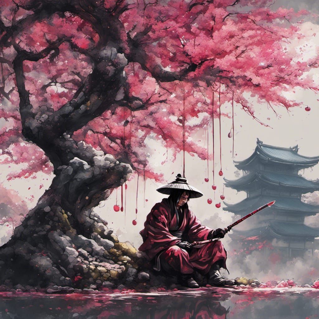Samurai Resting Under Cherry Tree in Graffiti Art