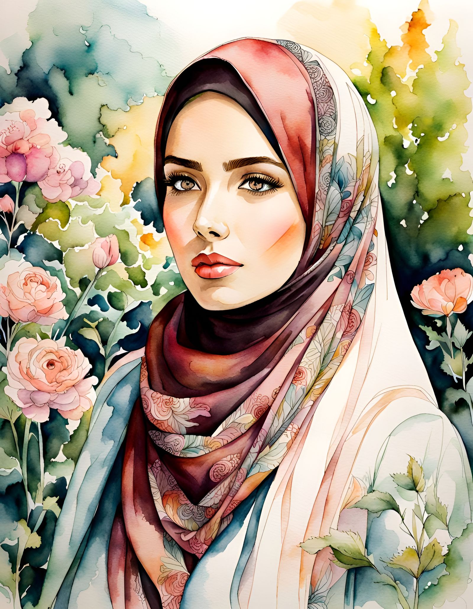 Beautiful Woman in Hijab, Watercolor Ink Drawing