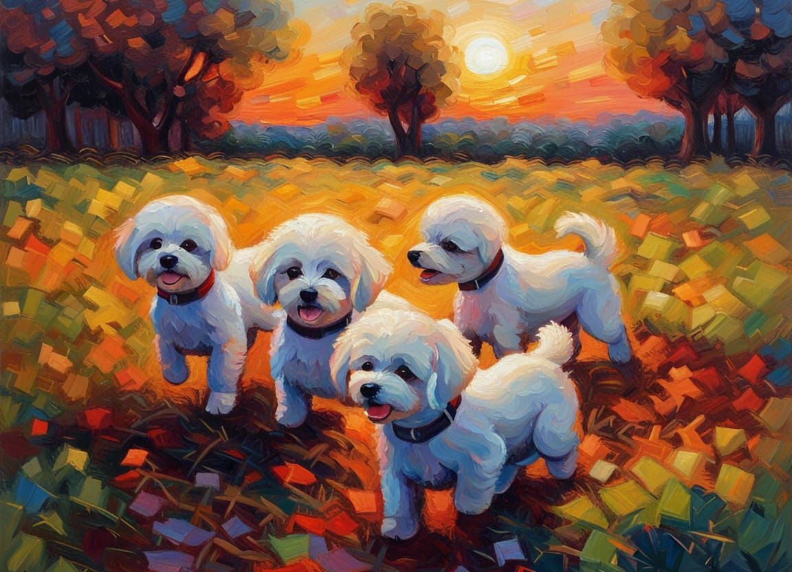 Bichon Frise Puppies Playing: An Impressionist Painting