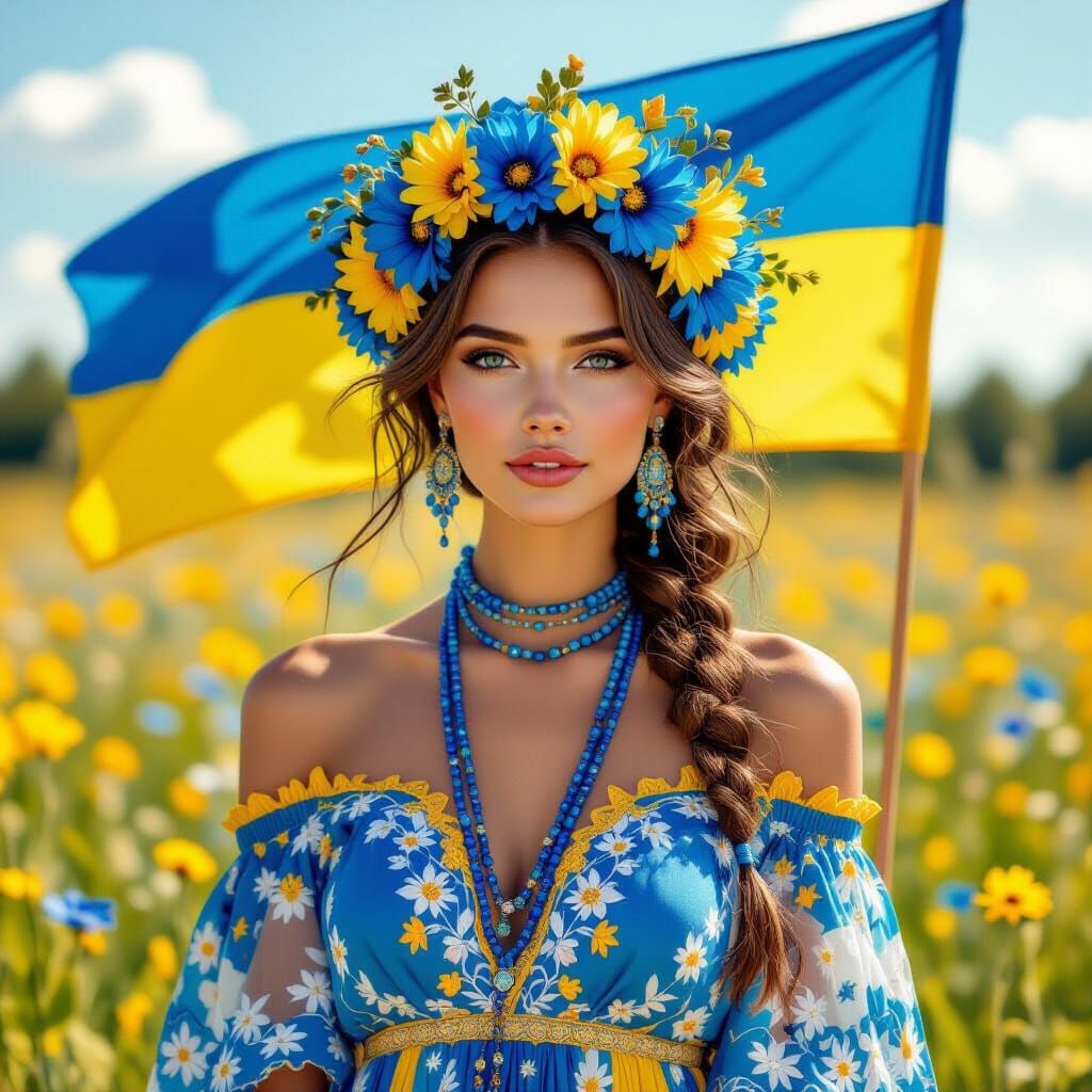 Ukrainian Woman in Flower Field, Ethereal Art