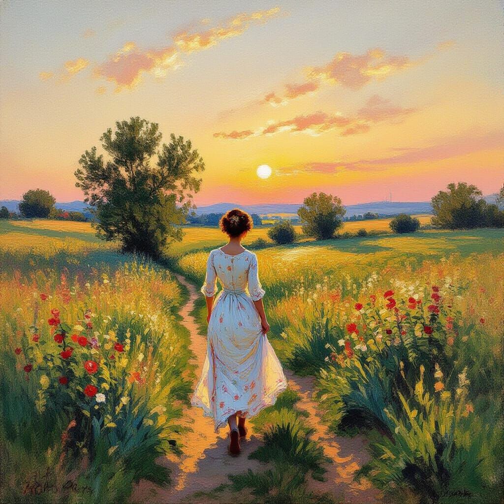 Woman in Meadow at Sunrise, Impressionist Style