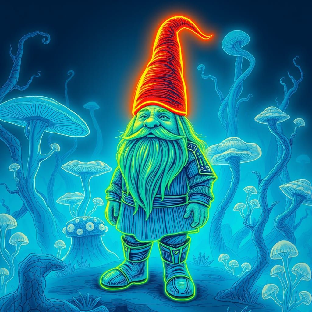 Neon Gnome in Futuristic Forest: Digital Matte Painting